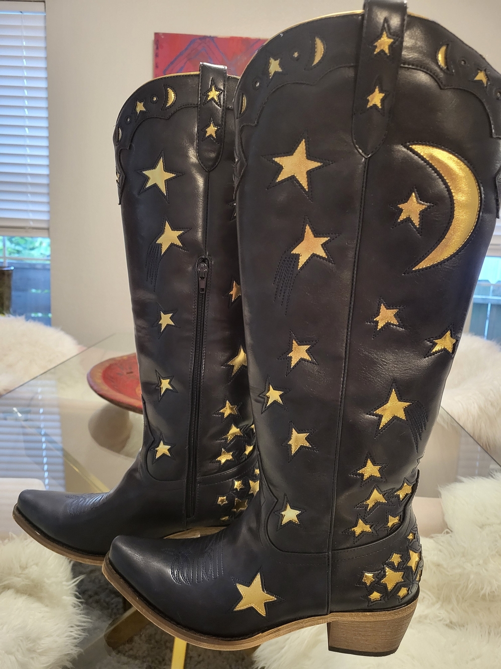 Wome's Celestial Midnight Blue Tall Heeled Boots with Gold Star & Moon Appliqué